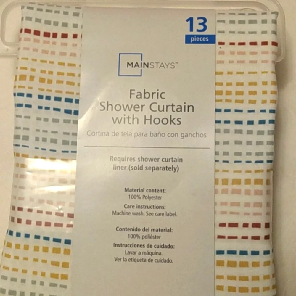 Mainstays 13 piece lightweight fabric printed shower curtain with hooks.